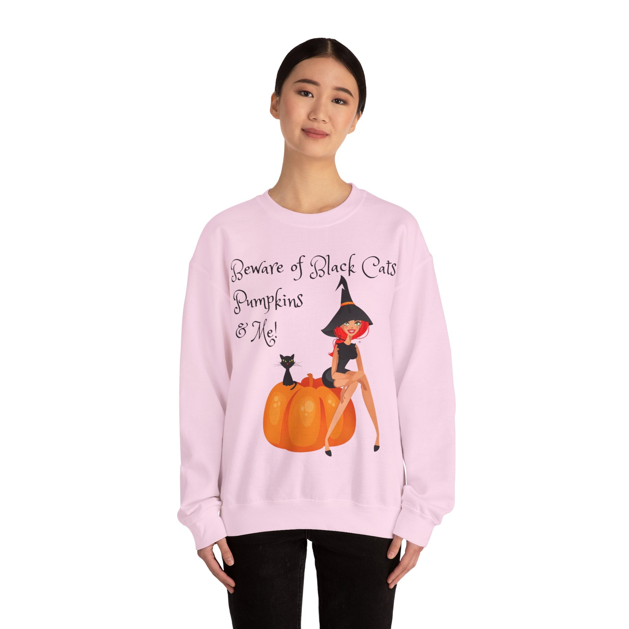 Witch & Pumpkin Sweatshirt - "Beware of Black Cats, Pumpkins & Me!" Halloween CrewneckSweatshirts