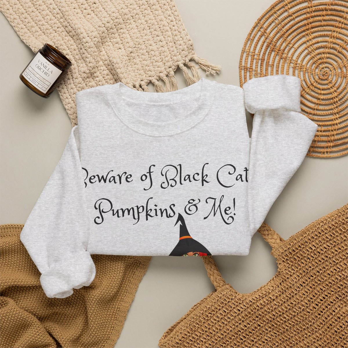 Witch & Pumpkin Sweatshirt - "Beware of Black Cats, Pumpkins & Me!" Halloween CrewneckSweatshirts