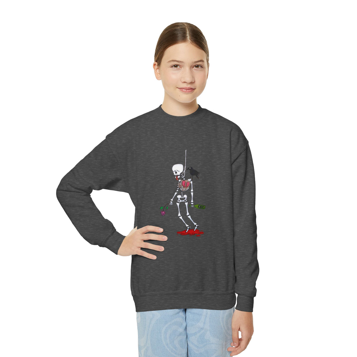 Youth Crewneck Sweatshirt - Gothic Rose Skeleton Graphic