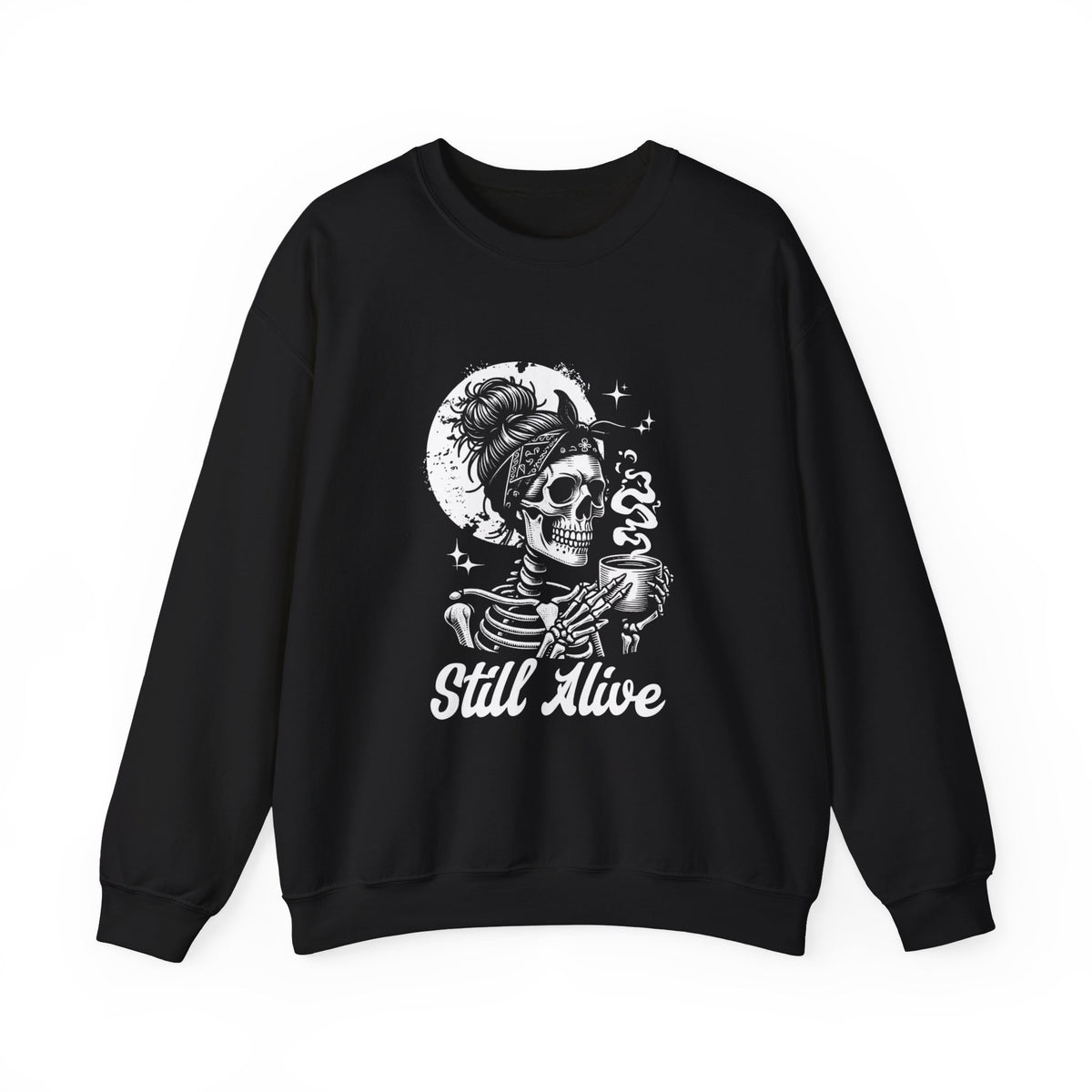Still Alive Skeleton Crewneck Sweatshirt - Gothic Skull Coffee Pullover