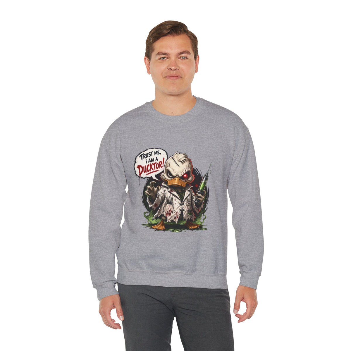 Ducktor Horror Crewneck Sweatshirt — "Trust Me, I Am A Ducktor" Graphic