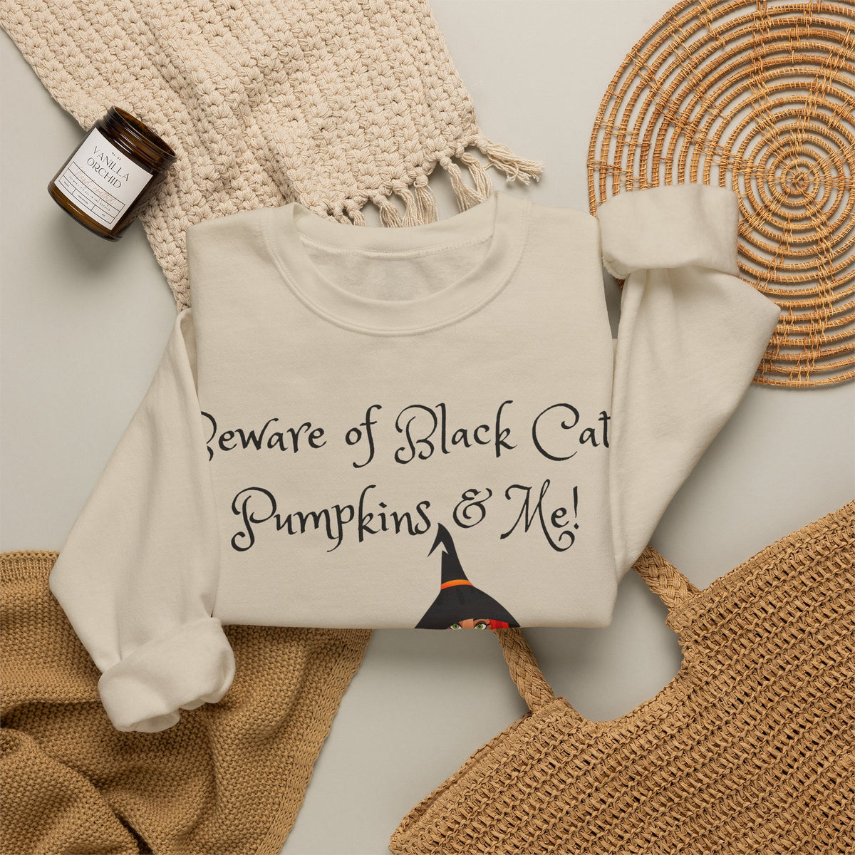 Witch & Pumpkin Sweatshirt - "Beware of Black Cats, Pumpkins & Me!" Halloween CrewneckSweatshirts