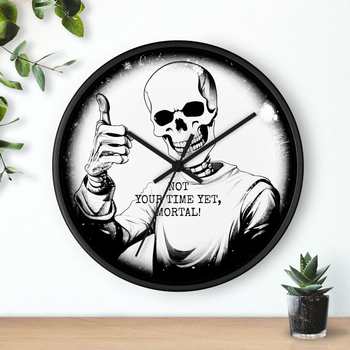 Halloween Gothic Skeleton Wall Clock – "Not Your Time Yet, Mortal"