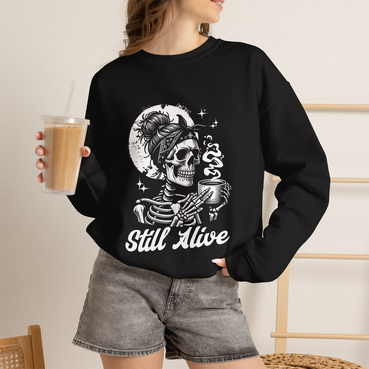 Still Alive Skeleton Crewneck Sweatshirt - Gothic Skull Coffee Pullover