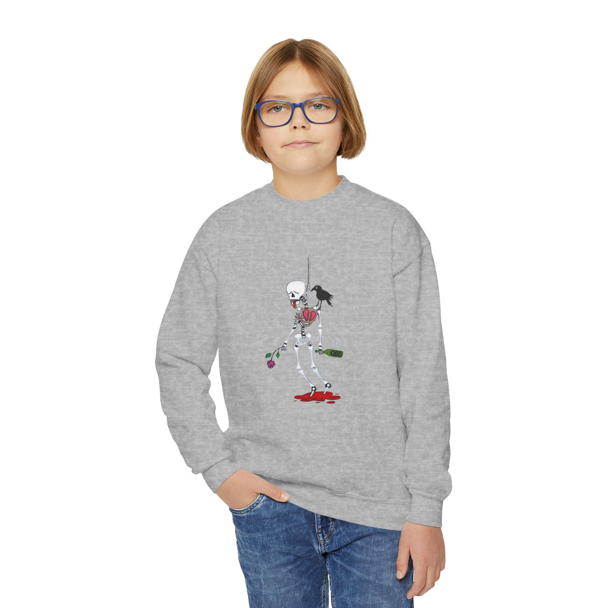 Youth Crewneck Sweatshirt - Gothic Rose Skeleton Graphic