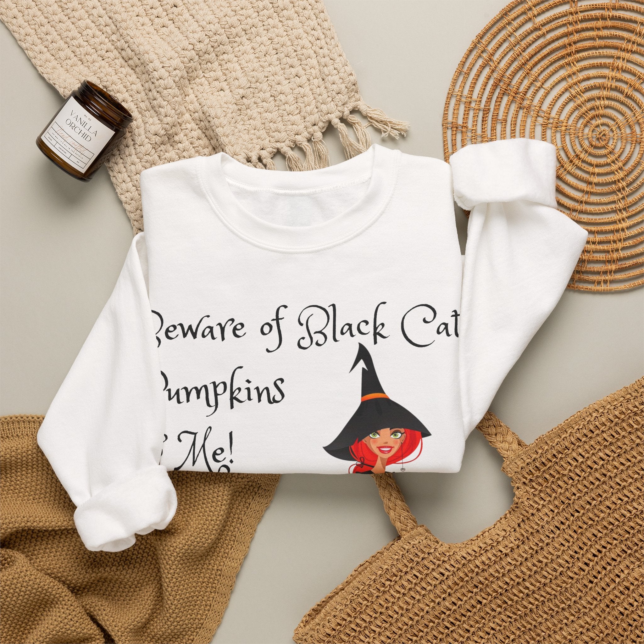 Witch & Pumpkin Sweatshirt - "Beware of Black Cats, Pumpkins & Me!" Halloween CrewneckSweatshirts