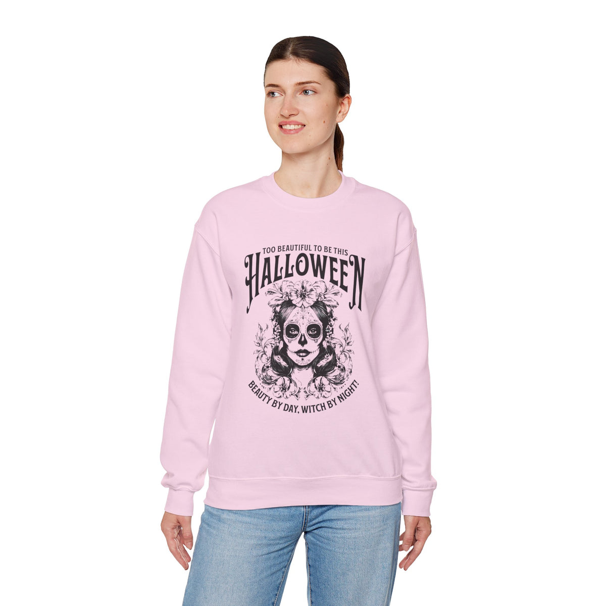 Halloween Crewneck Sweatshirt, "Too Beautiful To Be This Halloween" Day/Night Witch Graphic