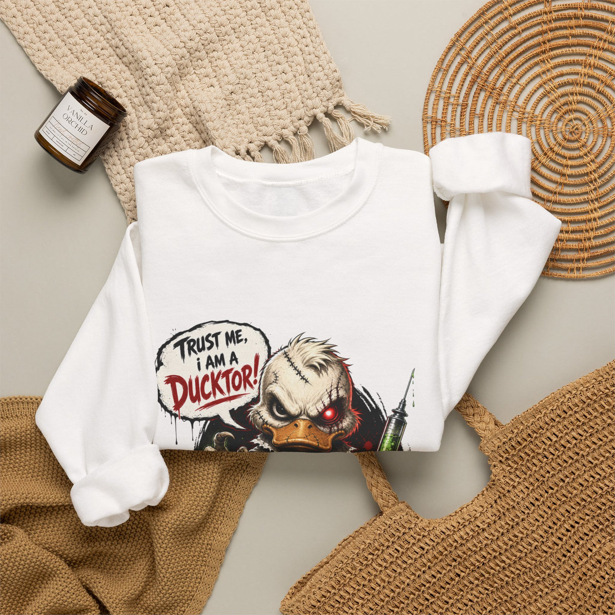 Ducktor Horror Crewneck Sweatshirt — "Trust Me, I Am A Ducktor" Graphic