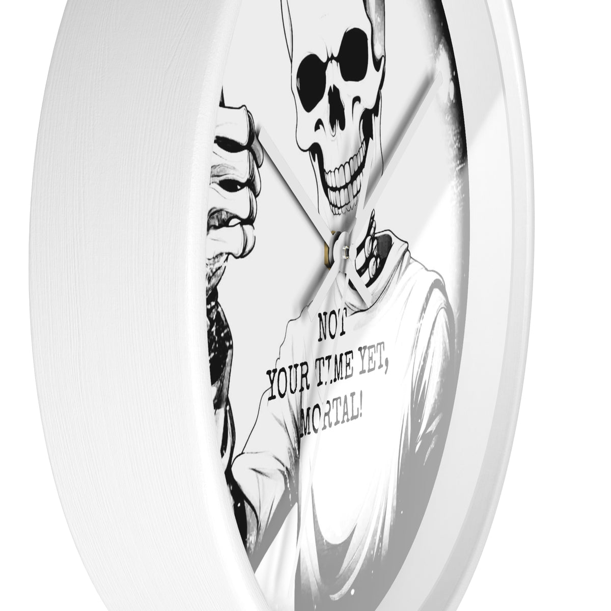 Halloween Gothic Skeleton Wall Clock – "Not Your Time Yet, Mortal"