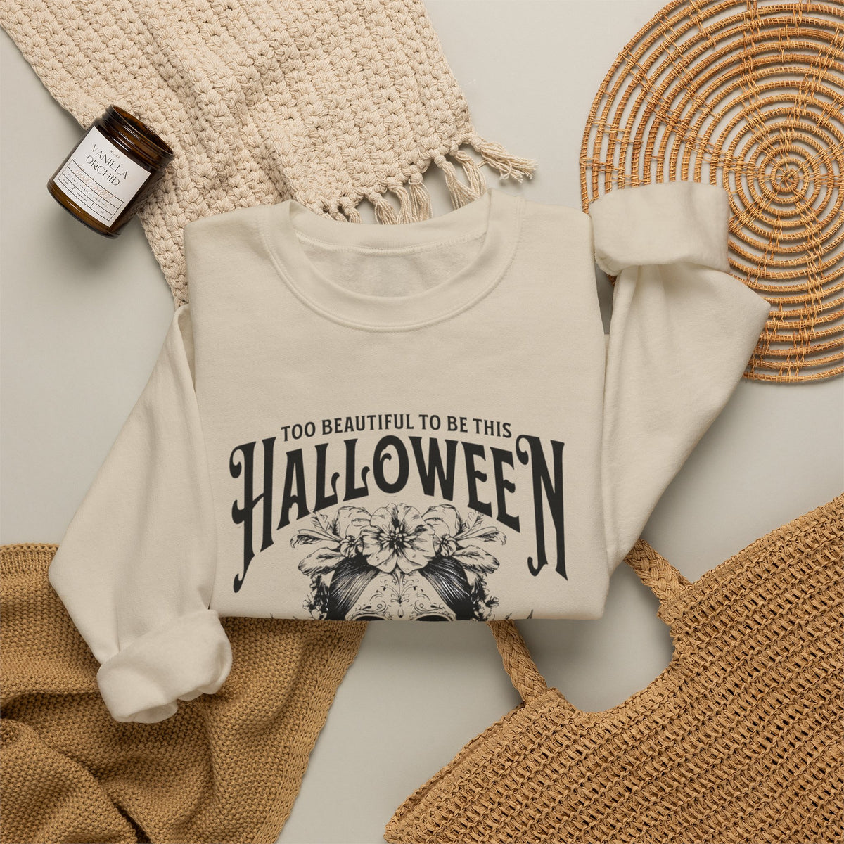 Halloween Crewneck Sweatshirt, "Too Beautiful To Be This Halloween" Day/Night Witch Graphic