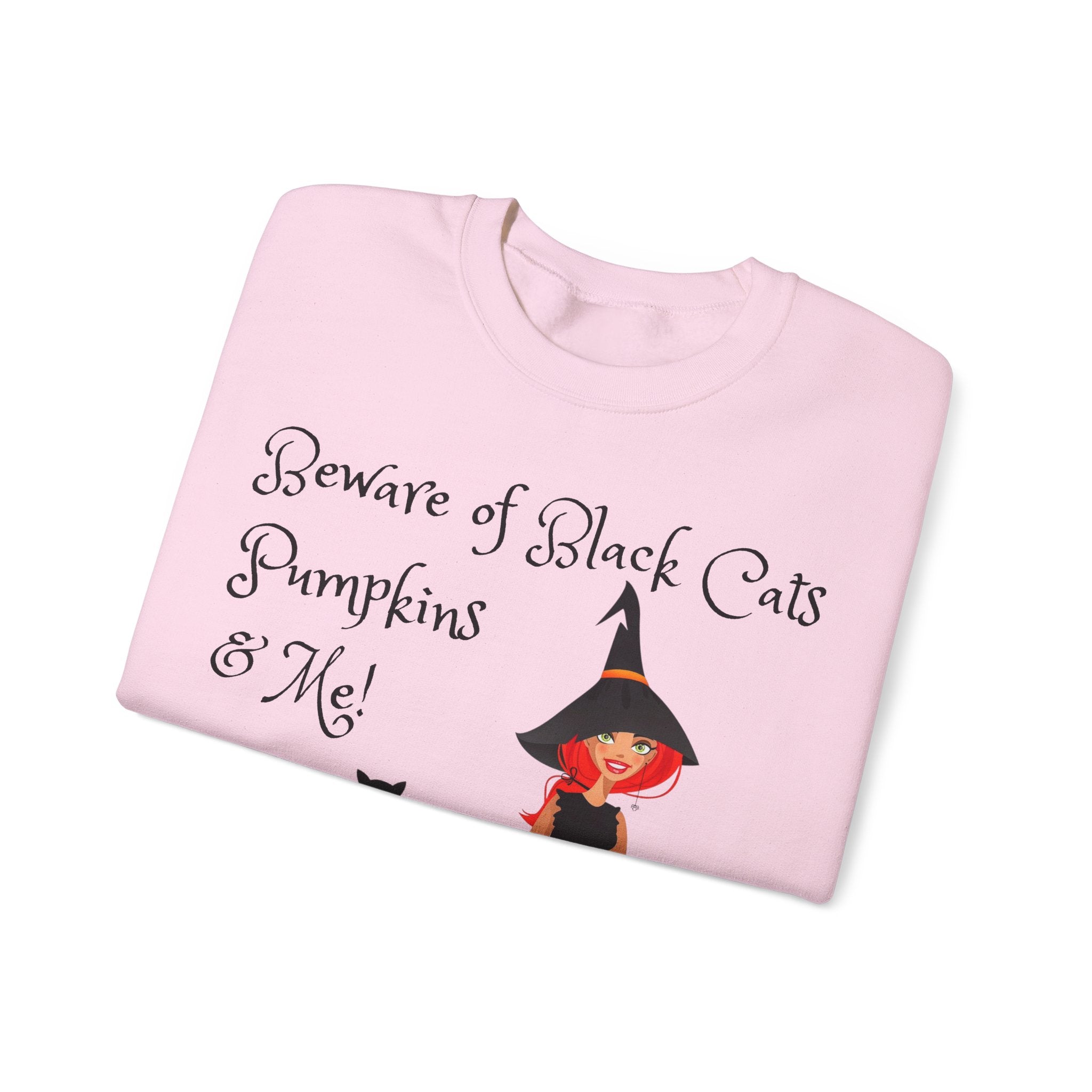 Witch & Pumpkin Sweatshirt - "Beware of Black Cats, Pumpkins & Me!" Halloween CrewneckSweatshirts