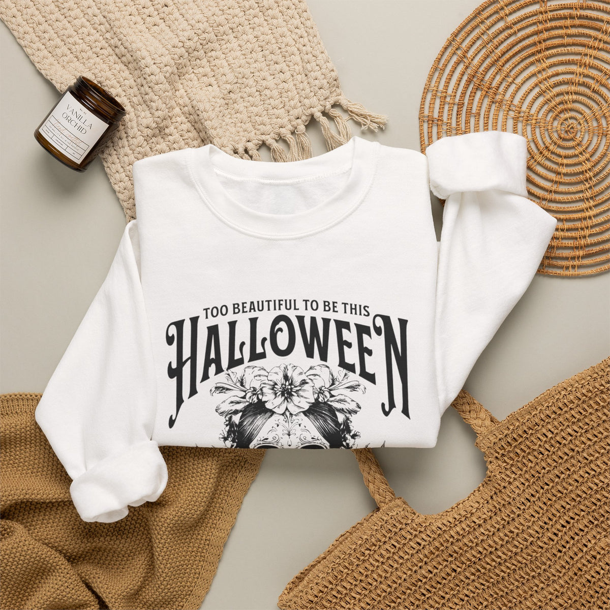 Halloween Crewneck Sweatshirt, "Too Beautiful To Be This Halloween" Day/Night Witch Graphic