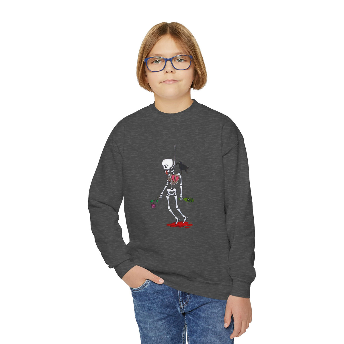 Youth Crewneck Sweatshirt - Gothic Rose Skeleton Graphic