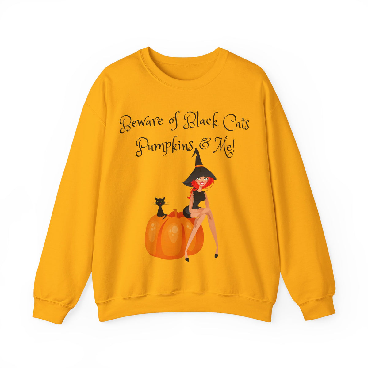 Witch & Pumpkin Sweatshirt - "Beware of Black Cats, Pumpkins & Me!" Halloween CrewneckSweatshirts