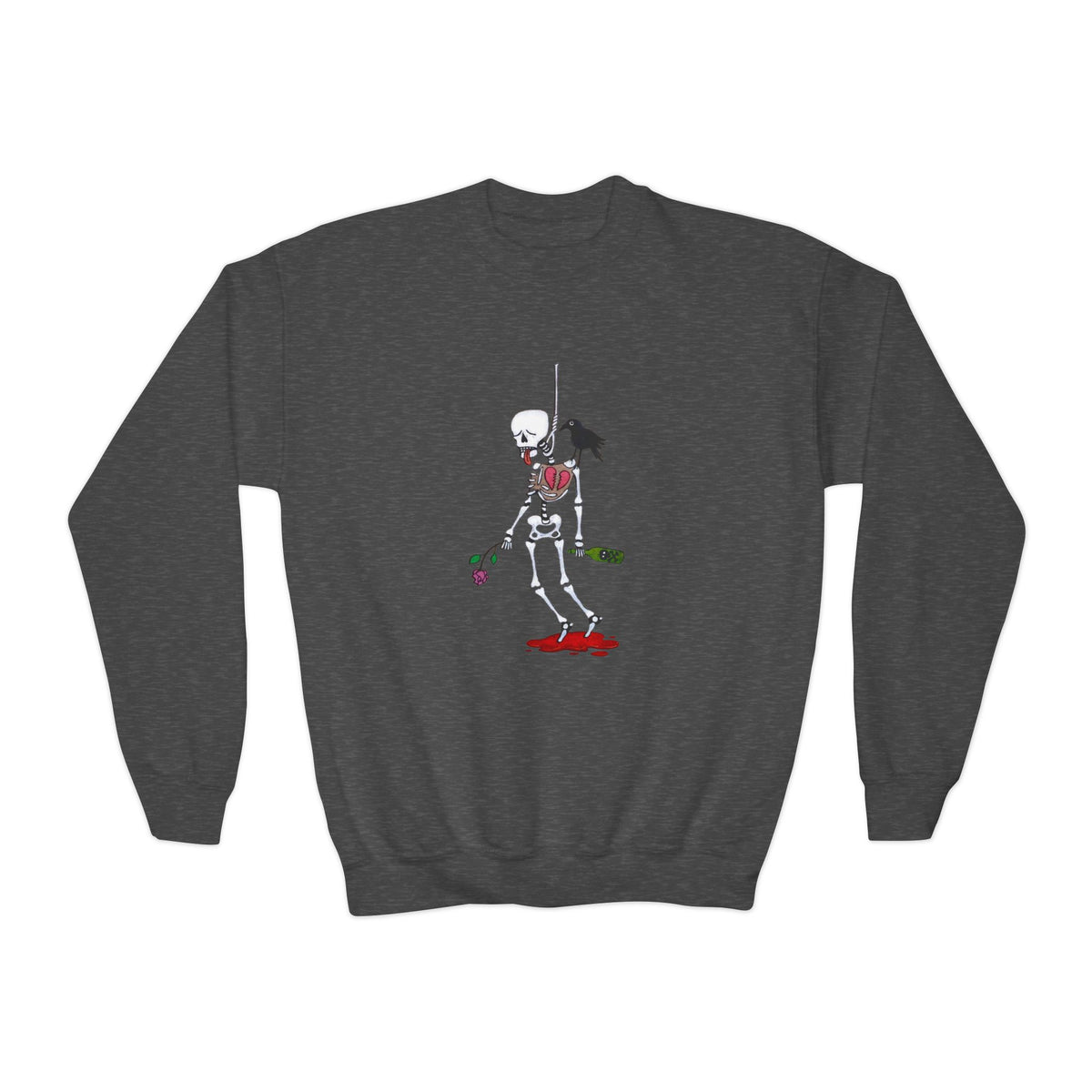 Youth Crewneck Sweatshirt - Gothic Rose Skeleton Graphic