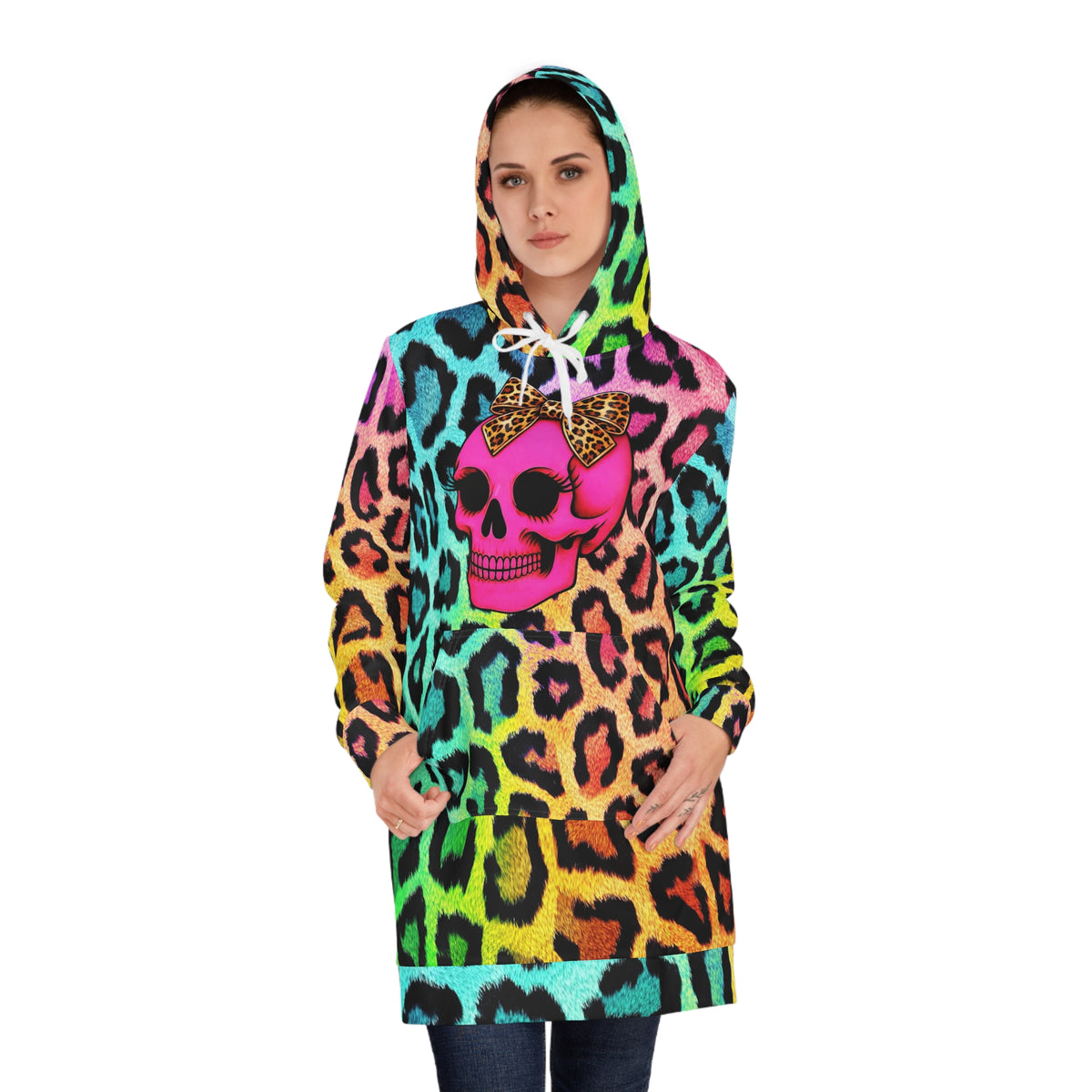 Neon Leopard Skull Hoodie Dress – Rainbow Animal Print Skull with Bow