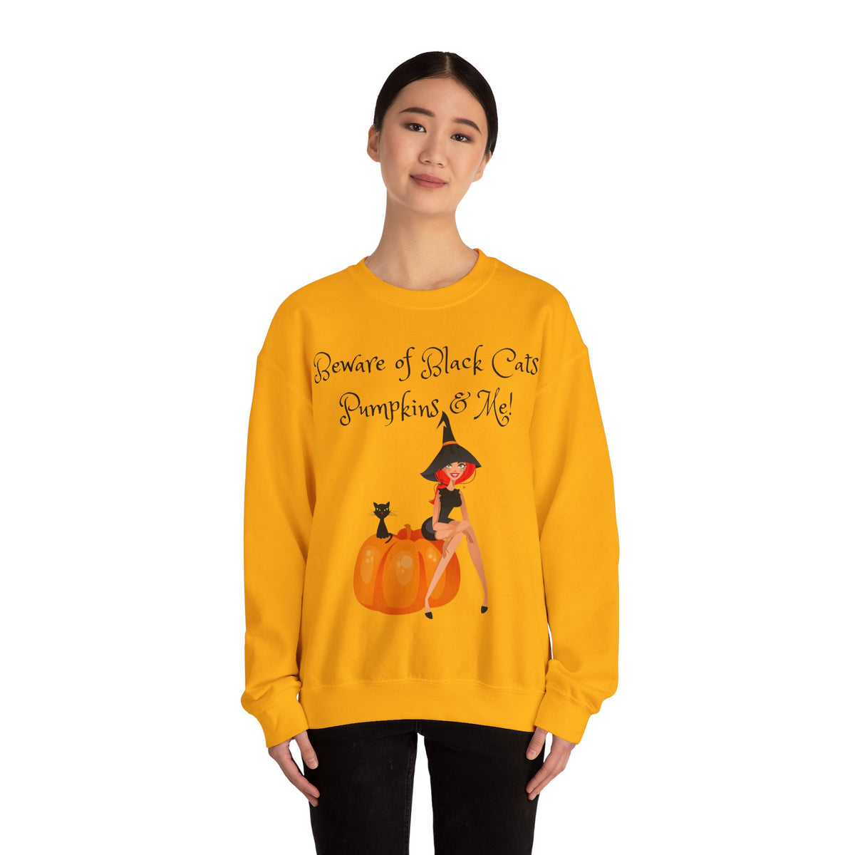 Witch & Pumpkin Sweatshirt - "Beware of Black Cats, Pumpkins & Me!" Halloween CrewneckSweatshirts