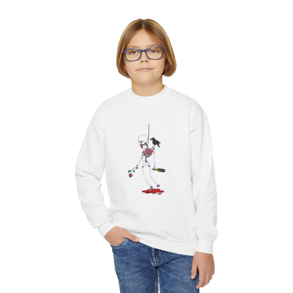 Youth Crewneck Sweatshirt - Gothic Rose Skeleton Graphic