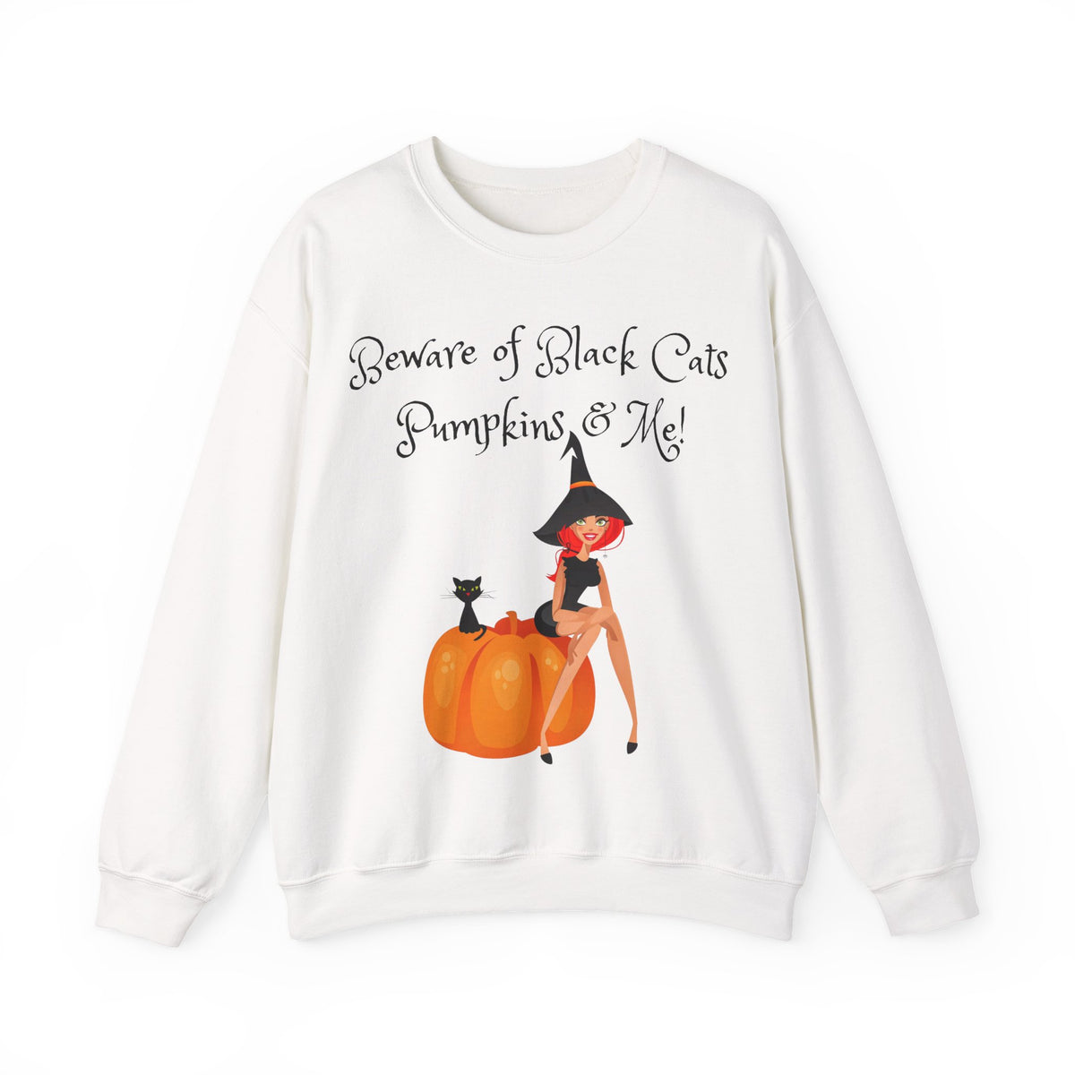Witch & Pumpkin Sweatshirt - "Beware of Black Cats, Pumpkins & Me!" Halloween CrewneckSweatshirts