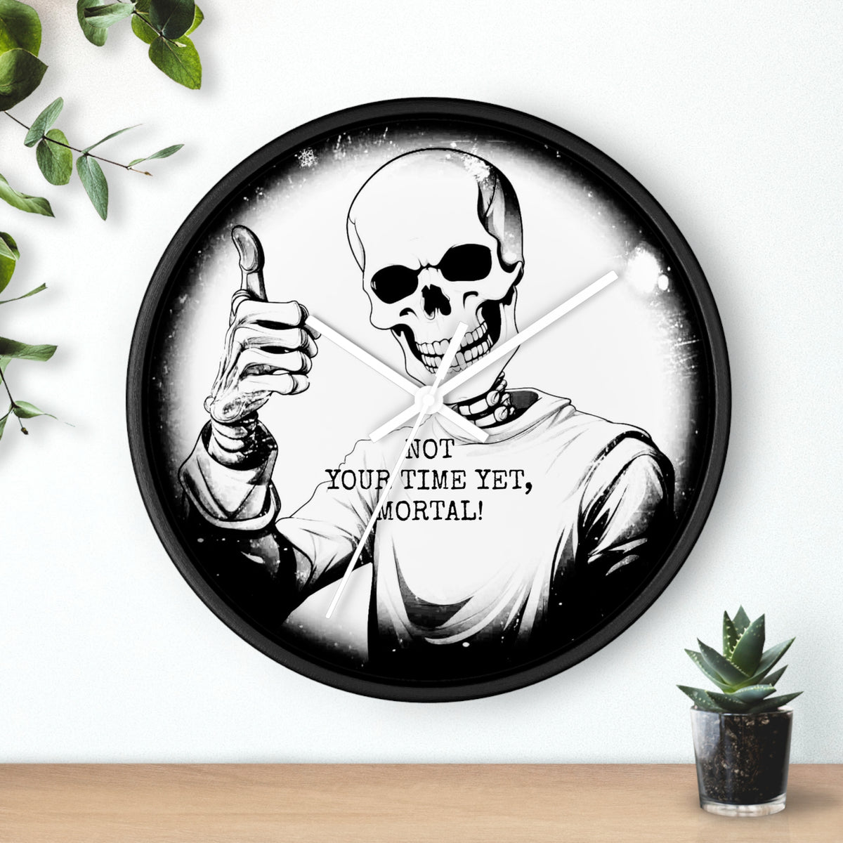 Halloween Gothic Skeleton Wall Clock – "Not Your Time Yet, Mortal"