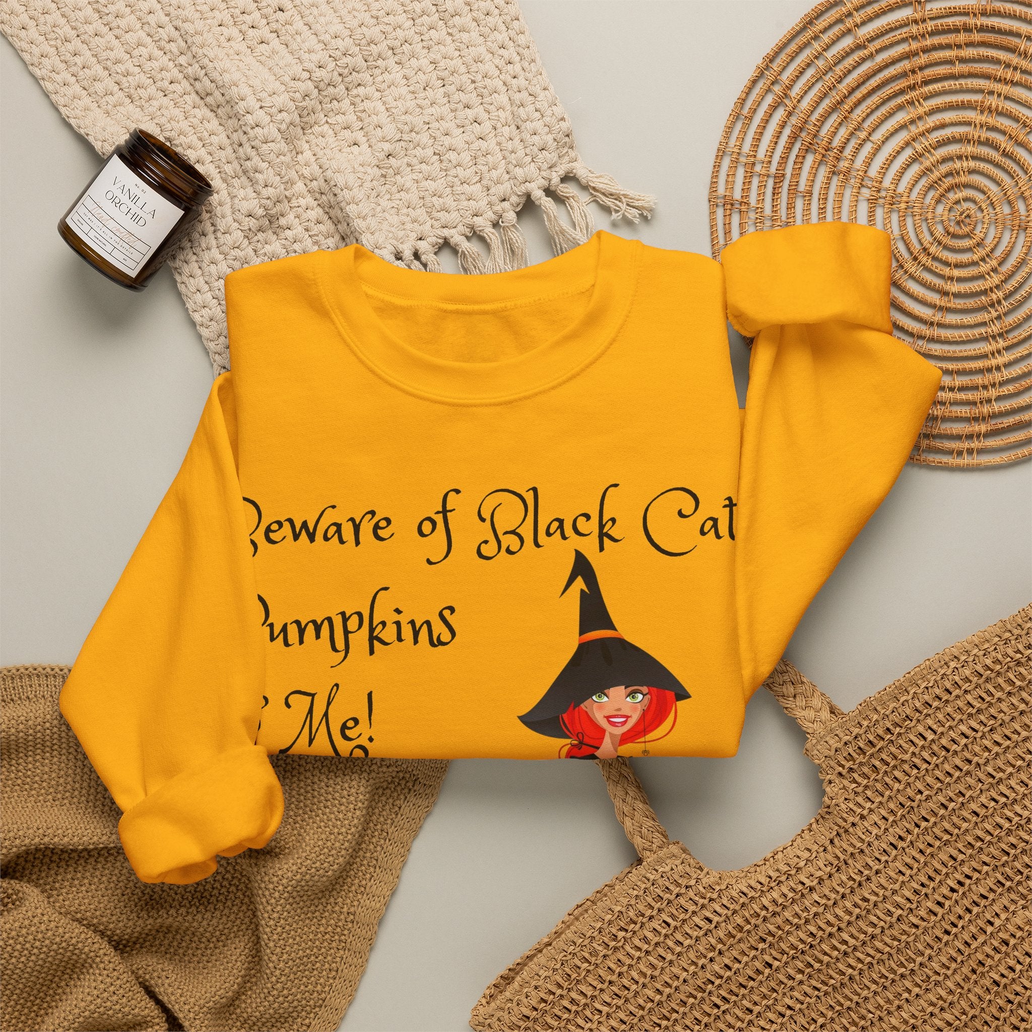 Witch & Pumpkin Sweatshirt - "Beware of Black Cats, Pumpkins & Me!" Halloween CrewneckSweatshirts