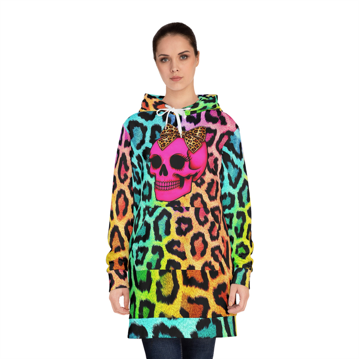 Neon Leopard Skull Hoodie Dress – Rainbow Animal Print Skull with Bow