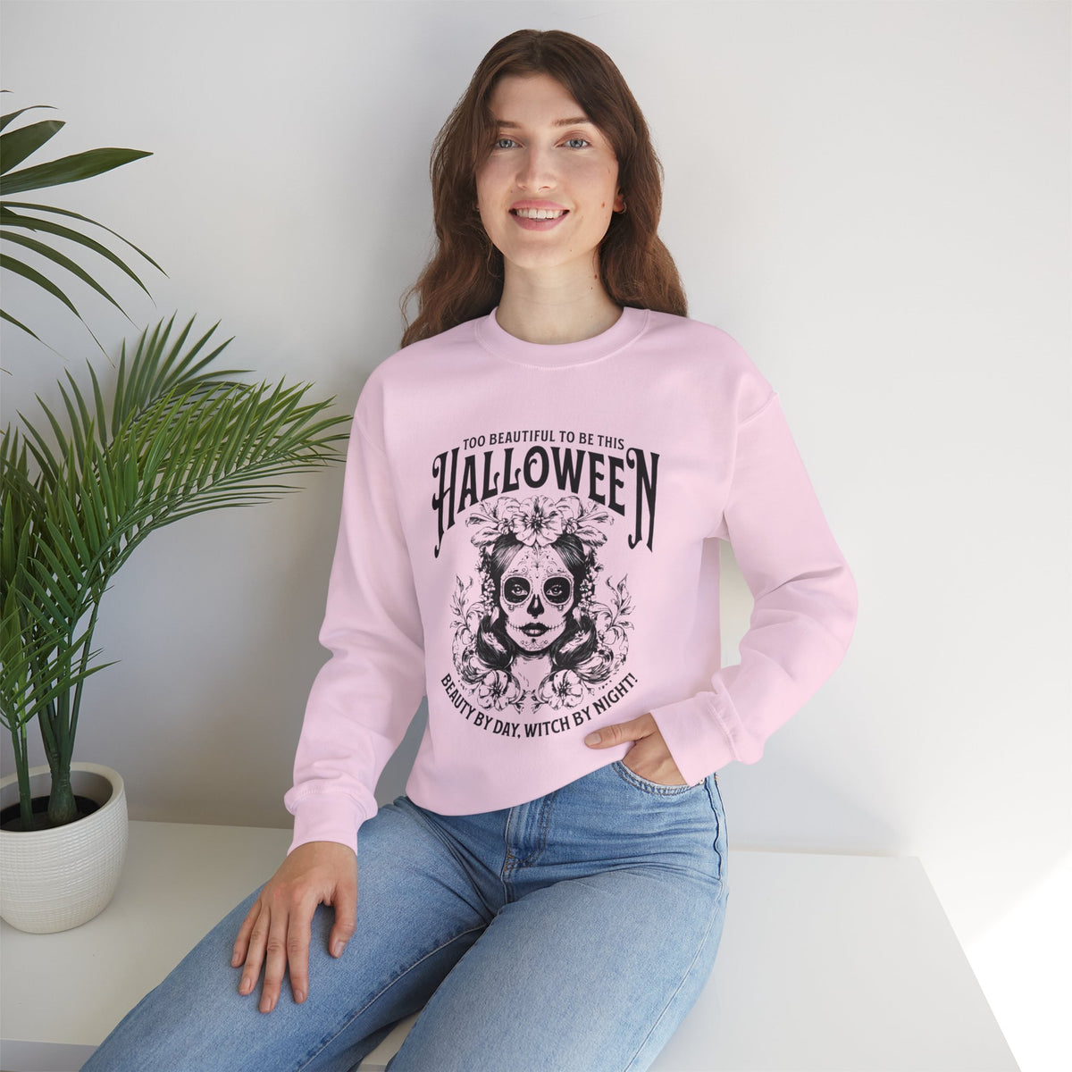 Halloween Crewneck Sweatshirt, "Too Beautiful To Be This Halloween" Day/Night Witch Graphic