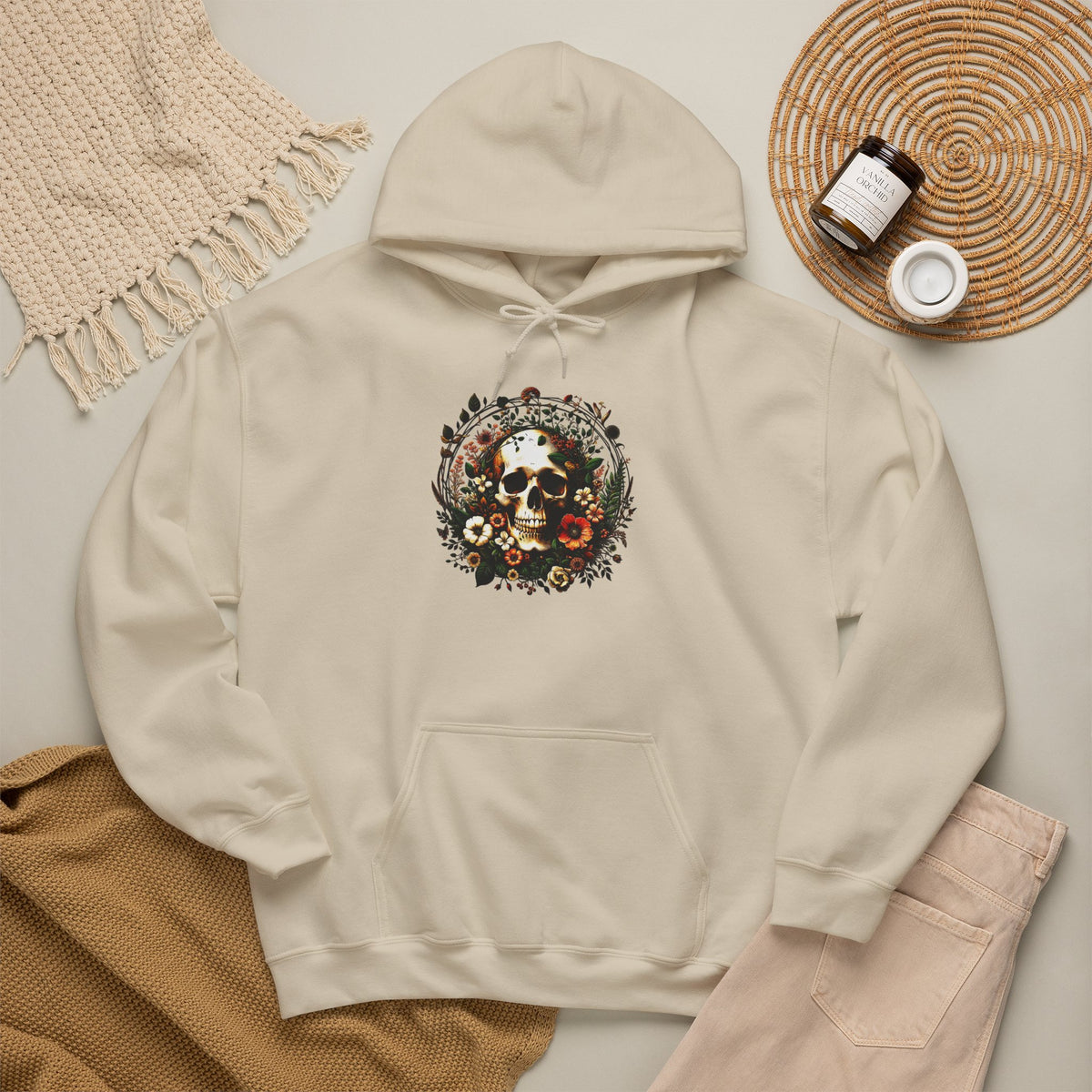 Skull & Flowers Hoodie — "C'est la Mort" Vintage Gothic Pullover