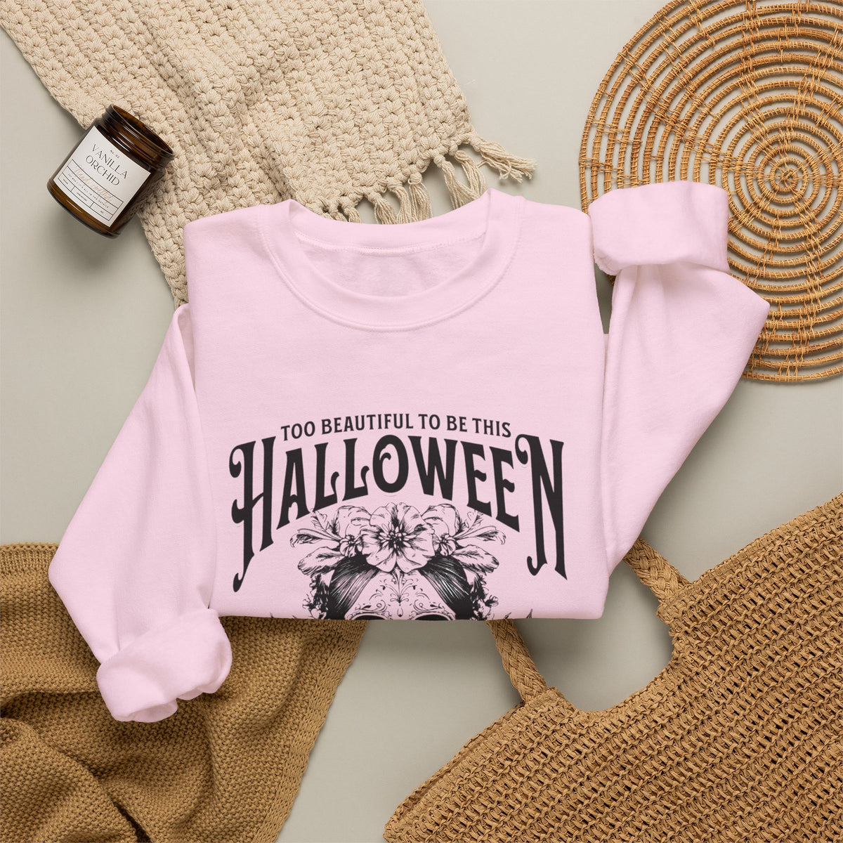 Halloween Crewneck Sweatshirt, "Too Beautiful To Be This Halloween" Day/Night Witch Graphic