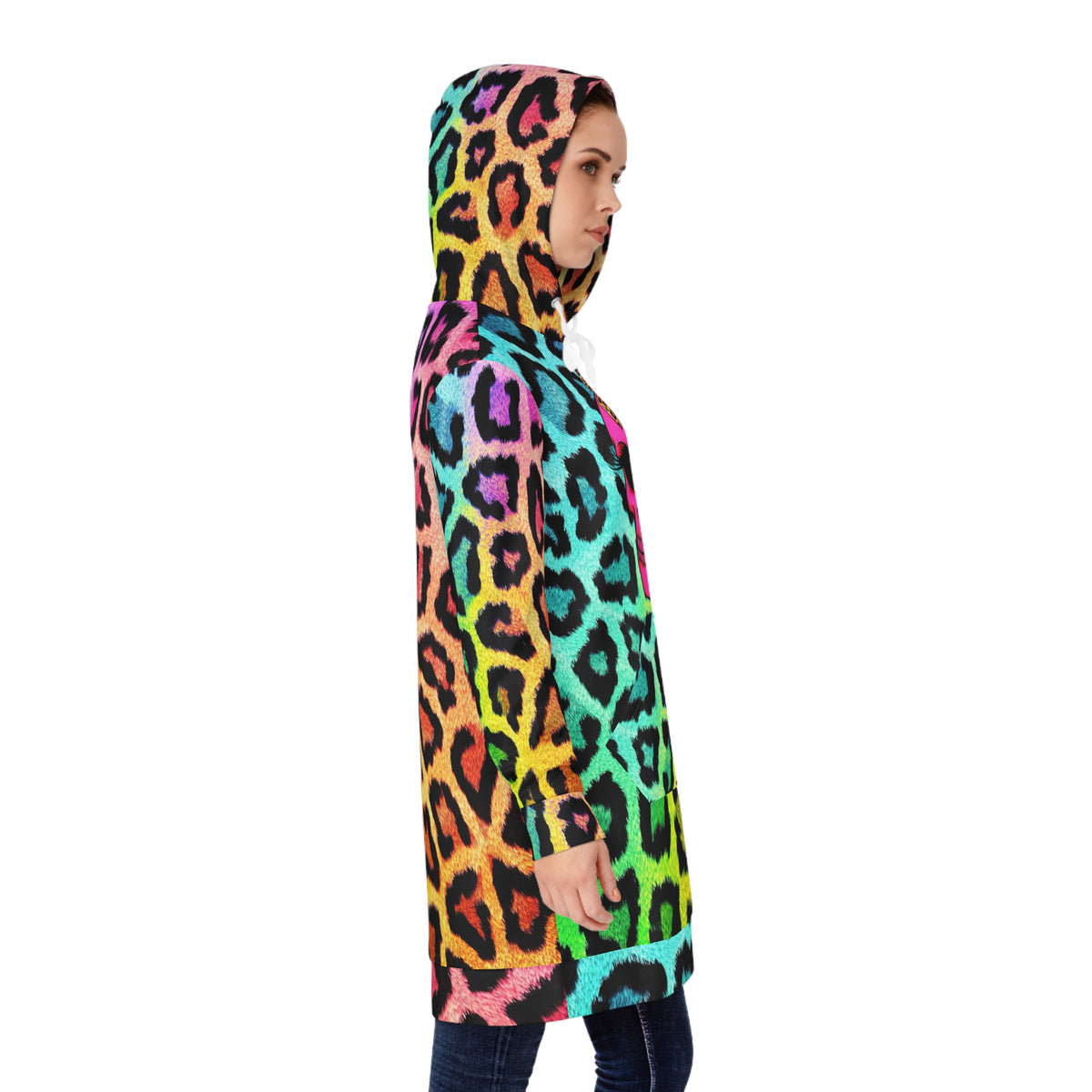 Neon Leopard Skull Hoodie Dress – Rainbow Animal Print Skull with Bow