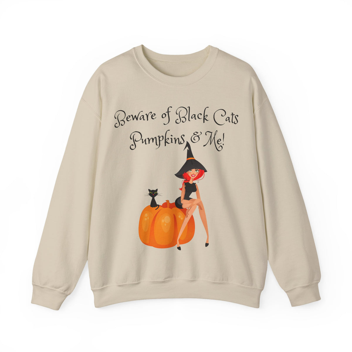 Witch & Pumpkin Sweatshirt - "Beware of Black Cats, Pumpkins & Me!" Halloween CrewneckSweatshirts