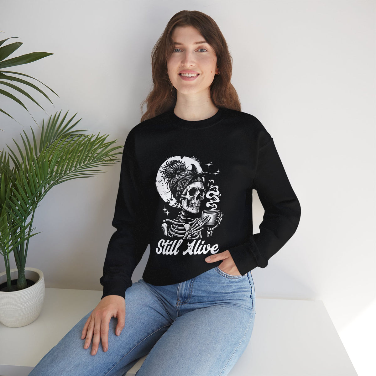 Still Alive Skeleton Crewneck Sweatshirt - Gothic Skull Coffee Pullover