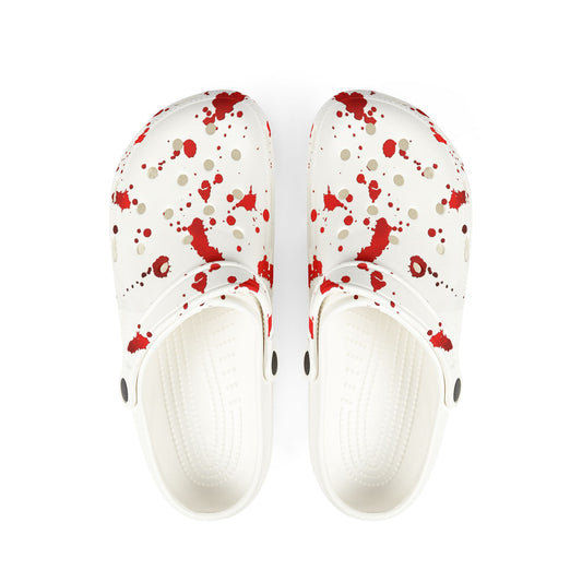 Blood Splatter Clogs — White EVA Foam Slip-On Shoes