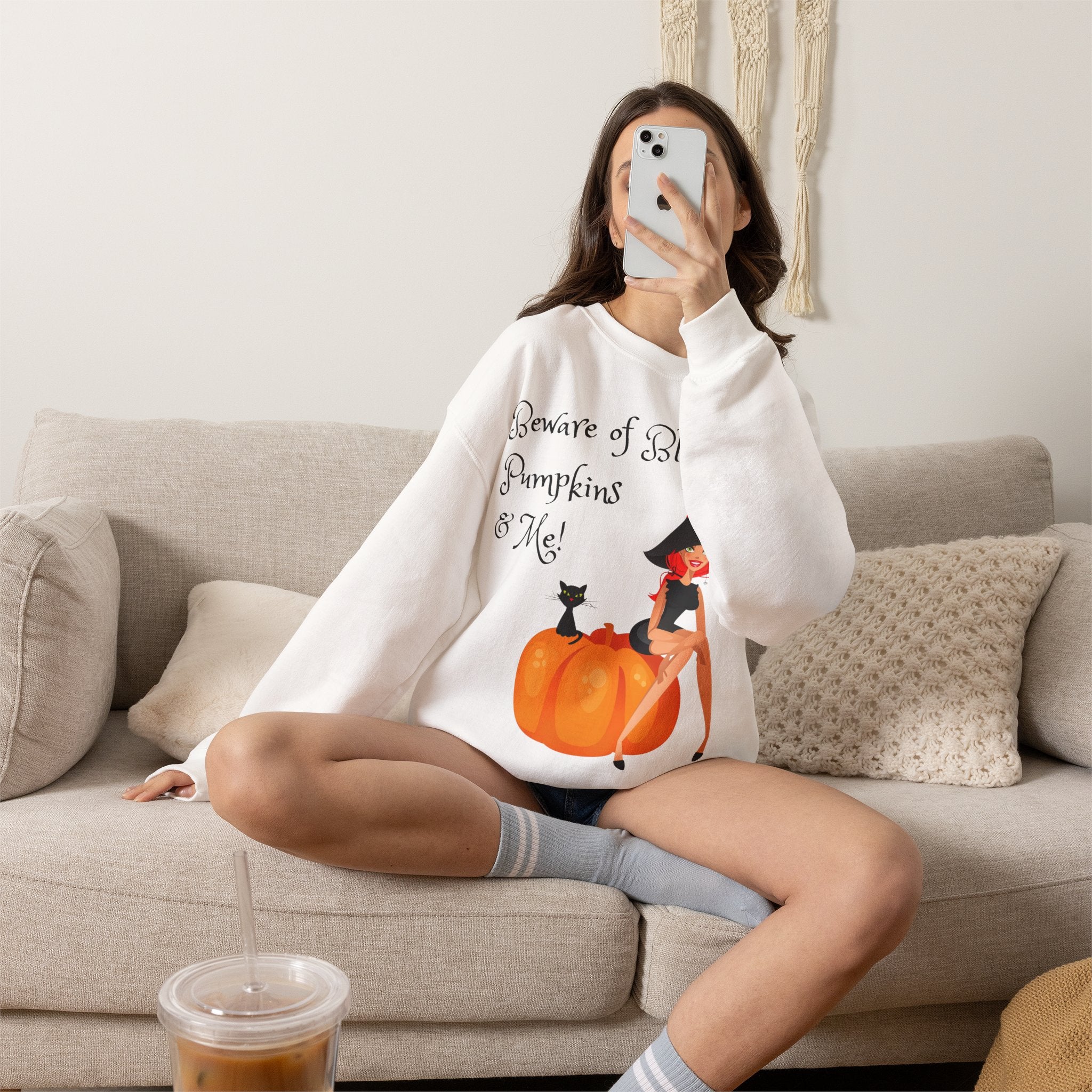 Witch & Pumpkin Sweatshirt - "Beware of Black Cats, Pumpkins & Me!" Halloween CrewneckSweatshirts